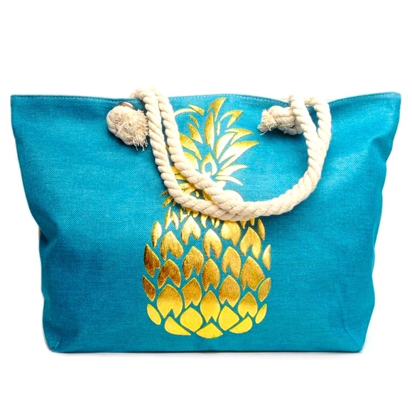 BEACH TIME!!! Large Blue & Gold Pineapple Canvas Tote - Picture 2 of 3